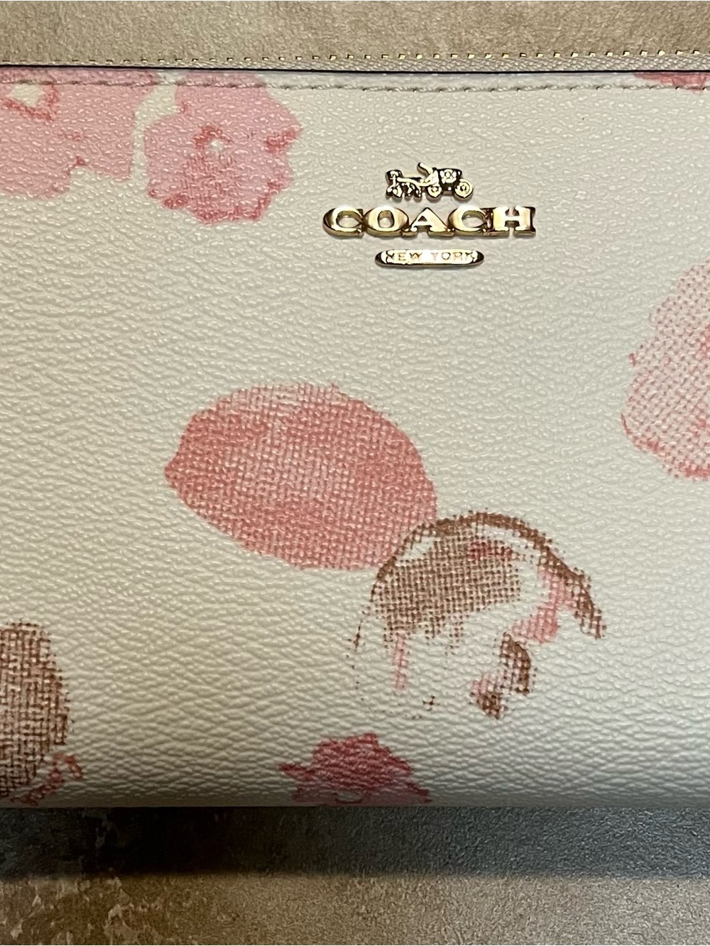 Coach Cream Wallet with Pink Floral Print and Gold Logo